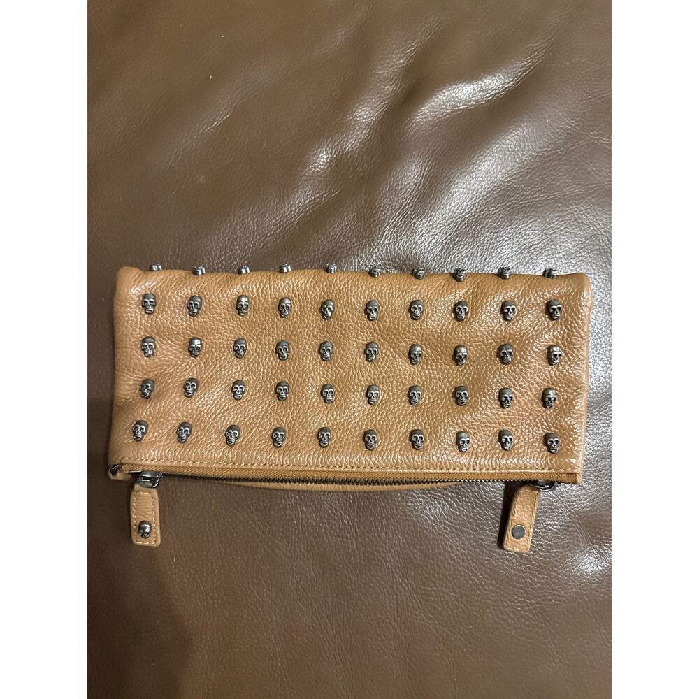 Thomas Wylde Day of the Dead Skull Studded Leather Fold-Over Clutch Tan